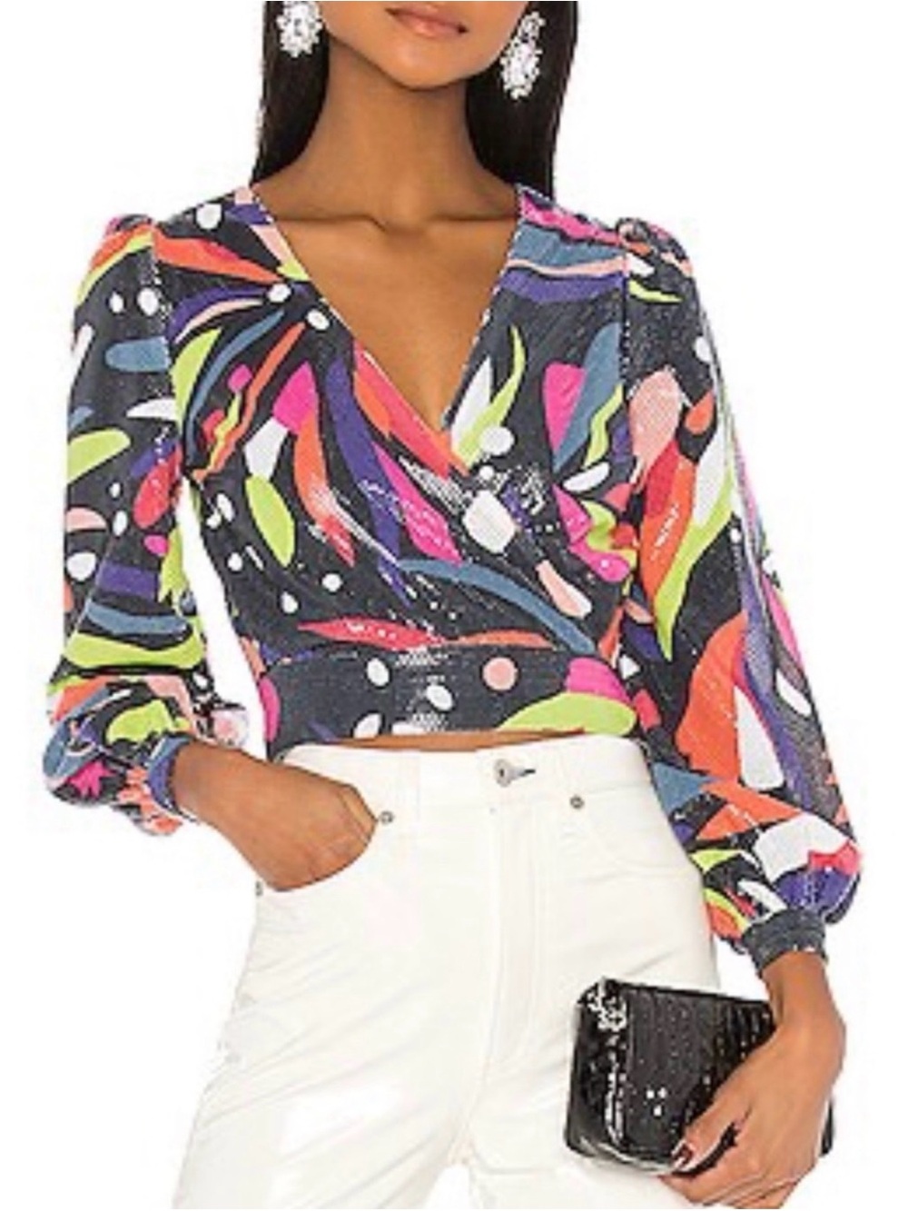 Olivia Rubin Kendall Sequin Blouse Crop Wrap Top Abstract Floral Long Sleeve 4